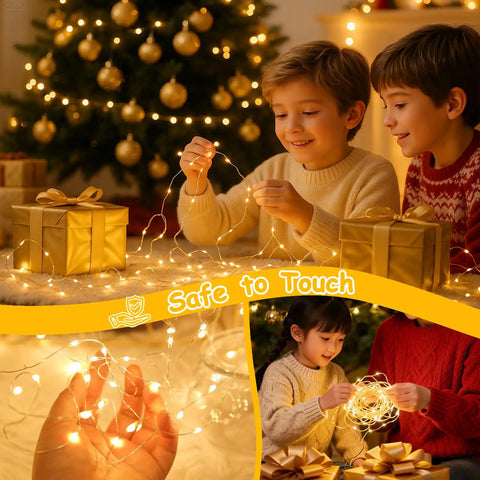 Children playing with 164 Feet Of 500 LED Fairy Lights With Bendable Silver Copper Wire Firefly String Lights around gifts