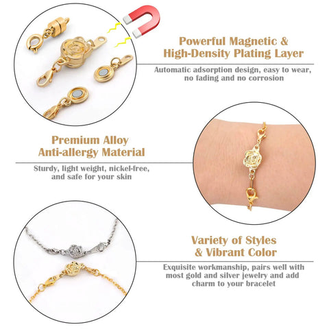 18 Pcs Magnetic Necklace Clasp Set With 3 Styles In Gold And Silver, round, rose, cylindrical connectors shown on bracelet