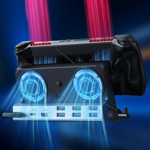 12 In 1 Dual Cooling Fan Docking Station For Steam Deck Rog Ally Xbox And Nintendo Switch With Hdmi 4K 60Hz Gigabit Ethernet And Type C Power Delivery showing dual cooling fans and USB ports.