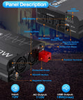 Powerhouse 2000W Pure Sine Wave Inverter With 4000W Peak, 12V To 110V And 120V AC Power Converter panel description diagram