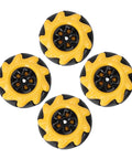 48mm mecanum wheels for omnidirectional robots with rubber coating, shown in a set of four, designed for smooth movement and traction.