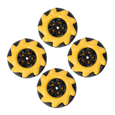 Aramox 48mm omnidirectional mecanum wheel set, four yellow petal-style wheels with black centers for DIY robot cars