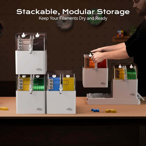 4 Spools Filament Dryer Box With Independent Chambers And Auto Humidity Hold for Nylon ABS TPU PETG PLA, stackable units shown.