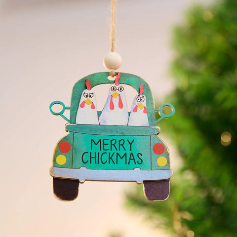 Chickmas Farmhouse Style 3D Wooden Christmas Ornament Four Inch Hanging Chicken Decor with Merry Chickmas text