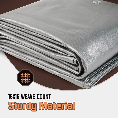 Heavy Duty 8x10 Ft Tarp Waterproof 10 Mil Thick Reversible Silver And Brown Outdoor Cover showing sturdy material and weave count