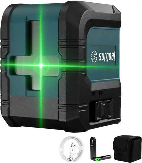 Bright Green Laser Level With USB C Charging, 100ft auto level cross line tool, compact, slick and precise, rechargeable with magnetic bracket.