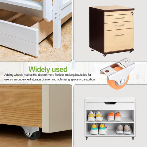10 Pack Mini Caster Wheels Featuring Smooth Rollin Ball Bearings Hella Legit Nylon Wheels Secured On Heavy Duty Metal Plates Fast Swap For Furniture Drawers Storage Bins And Home Diy Fixes, shown on a storage drawer and shoe rack.
