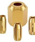 Pro Grade Replacement Collet And Nut Kit For Spiral Saws And Drywall Cut Out Tools With CN1 Fit, Includes Collets One Eighth Inch, Five Thirty Second Inch And One Quarter Inch Plus One Nut, Silver Body And Gold Nut, DEWALT Compatible, showing gold collets and nut.