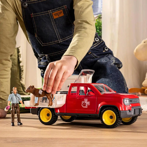 Child playing with Farm Vet Playset With 29 Piece Veterinarian Figures Truck Cow Figurine And Accessories Kid Friendly 3 Plus Realistic Vet Hospital Role Play On The Farm For Fun