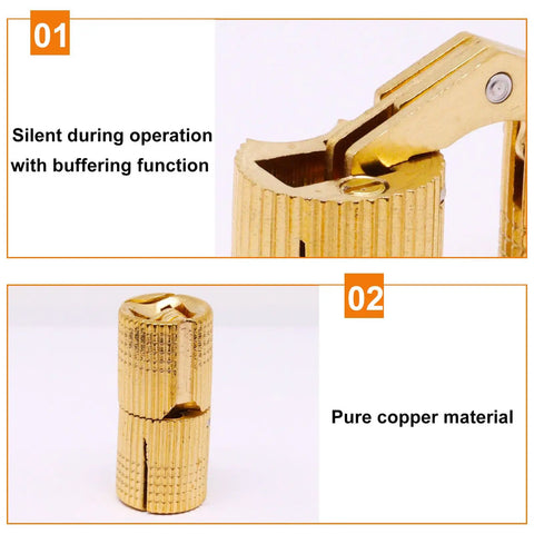 Heavy Duty Genuine Brass Hidden Barrel Hinges, 14mm Slick Concealed Cabinet Hardware, smooth interior detail and pure copper material.