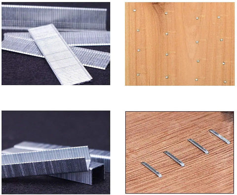 Combination of staples and brads with wood surface, showcasing use of 4 In 1 Electric Staple And Brad Nailer Gun, 120V Power Hand Stapler.