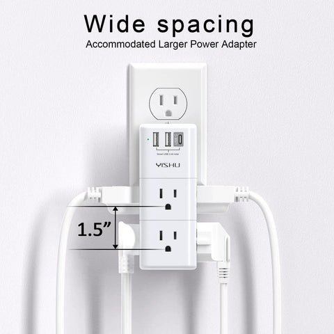 Six Outlet USB Power Strip With Surge Protector And Rotating Plug, 3 USB Ports, wide spacing for large adapters