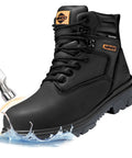 Steel Toe Waterproof Work Boots For Men, Tough As Nails, black leather construction with water splashing off, side view