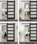 Frosted Glass Barn Door With Black Steel Frame And No Fuss Six Foot Sliding Hardware Kit in kitchen, bathroom, bedroom, and laundry room.