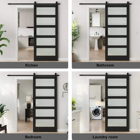Frosted Glass Barn Door With Black Steel Frame And No Fuss Six Foot Sliding Hardware Kit in kitchen, bathroom, bedroom, and laundry room.