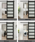 Tempered Frosted Glass Barn Door With Full Sliding Hardware Kit And Handle Solid Core Wood Build Delivers Serious Privacy Easy Diy Assembly Black Finish 36 Inch By 84 Inch installed in various rooms.