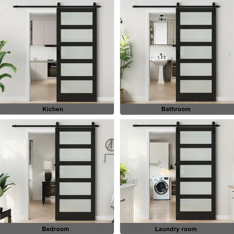 Tempered Frosted Glass Barn Door With Full Sliding Hardware Kit And Handle Solid Core Wood Build Delivers Serious Privacy Easy Diy Assembly Black Finish 36 Inch By 84 Inch installed in various rooms.