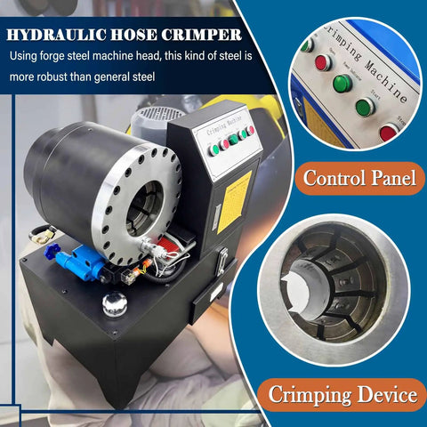 Heavy Duty Electric Hydraulic Hose Crimper And Rock Solid Swage Press features a robust crimping machine with control panel and device.