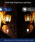 Comparison of high and low brightness with Dimmable A23 LED Bulbs 150W Equivalent 2650 Lumens, illuminating outdoor wall lantern