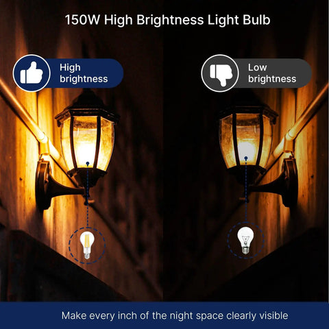 Comparison of high and low brightness with Dimmable A23 LED Bulbs 150W Equivalent 2650 Lumens, illuminating outdoor wall lantern
