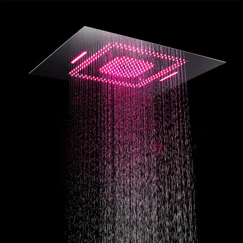 Ceiling Mounted LED Thermostatic Shower System With 6 Functions Rainfall Waterfall Mist And Body Jets Includes Hand Shower with pink LED light
