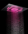 Dope Ceiling Mounted LED Thermostatic Shower System With Rainfall And Misting Functions And Body Jets For A Luxury Bath Badass Setup featuring a pink illuminated rainfall head.