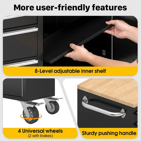 72 Inch Rolling Tool Chest With Power Outlet, Heavy Duty Tool Cabinet With 10 Drawers, Adjustable Dividers, Rubber Wood Workbench, Key Locking System And Drawer Liners For Garage Workshop, adjustable shelf and wheels