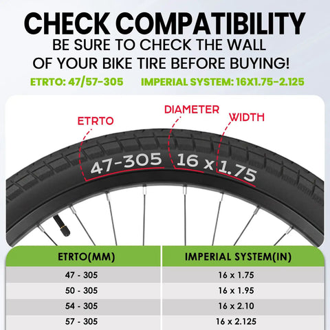 Check compatibility for Thick 16 Inch Bike Inner Tubes Set Of 2 Compatible With 16x1.75 16x1.95 16x2.10 16x2.125 32mm Schrader