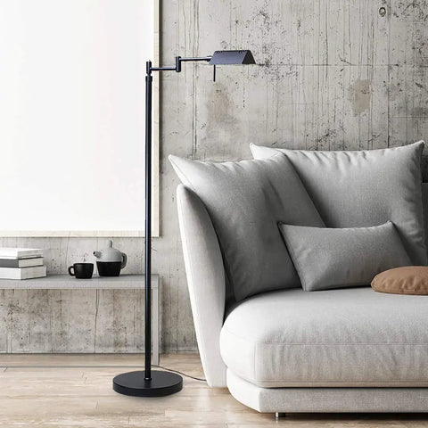 Modern living room with Dimmable LED Pharmacy Floor Lamp With Full Range Dimming And 360 Degree Swing Arms, Adjustable Height.