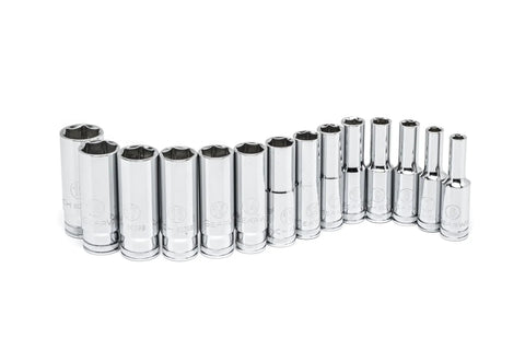 14 Piece Three Eighth Inch Drive Six Point Deep Metric Socket Set With Chamfered Openings for automotive and DIY projects