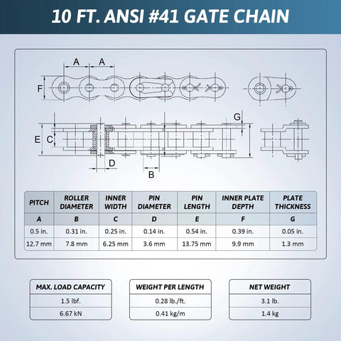 Blueprint of Heavy Duty Number 41 Roller Chain, 10 Foot Gate Opener Chain Extension For Automatic Sliding Gates with specifications
