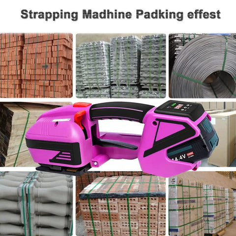 Rugged Electric Welding Strapping Machine Battery Powered Automatic Pet And Pp Strap Bundler Portable Handheld Tensioner Sealer in action