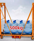 Heavy Duty Electric Forklift Lift transporting four 5-gallon water bottles, designed for 500kg capacity, industrial use.