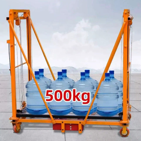 Heavy Duty Electric Forklift Lift transporting four 5-gallon water bottles, designed for 500kg capacity, industrial use.