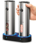 Rechargeable Electric Salt And Pepper Grinder Set With USB C Charging Dock Stainless Steel Auto Grinders Adjustable Coarseness LED Light