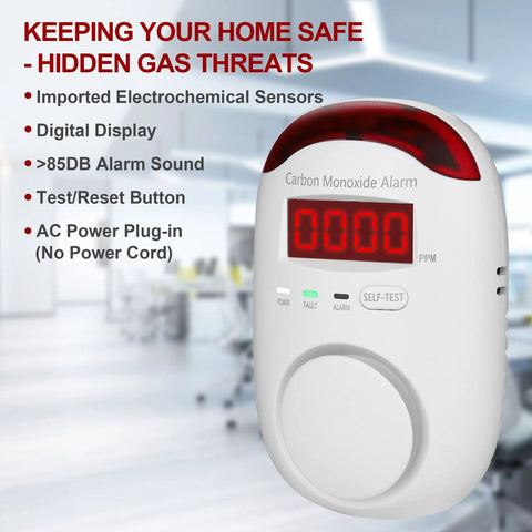 Close-up view of a plug-in carbon monoxide alarm with digital display, part of a Three Pack Carbon Monoxide Detectors Plug In CO Alarm With Digital Display For Home Kitchen Hotel Bedroom White Accurate Readout Easy To Use Quick Plug In Safety Monitors