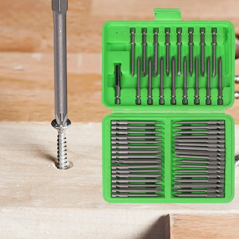 Check Out This Epic 50 Piece Extra Long Reach Screwdriver Bit Set That Nails Deep Recess Jobs In HVAC Auto And Electrical Repair While Handling High Torque Without Bending For Serious Impact Driver Pros. 50pc steel bits in green case