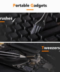 Pro Grade PS5 PS4 PS3 Console Repair Kit showing brush cleaning a keyboard and tweezers holding a small component.