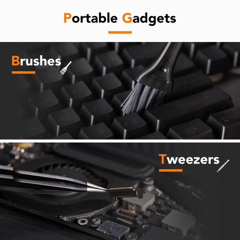 Pro Grade PS5 PS4 PS3 Console Repair Kit showing brush cleaning a keyboard and tweezers holding a small component.