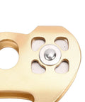 Close-up of Built Tough Heavy Duty Zipline Pulley 30KN Tandem Dual Trolley with aluminum alloy housing and smooth roll bearings.