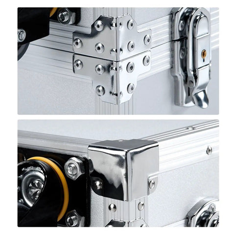 Close-up of the Rugged Alloy Toolbox With Built In Handle And Rolling Trolley showcasing metal hinges and corner reinforcements.