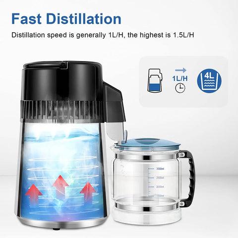 1 Gallon Water Distiller Timeable With 304 Stainless Steel Filter And CNC Timing LCD Display transparency arrows highlight