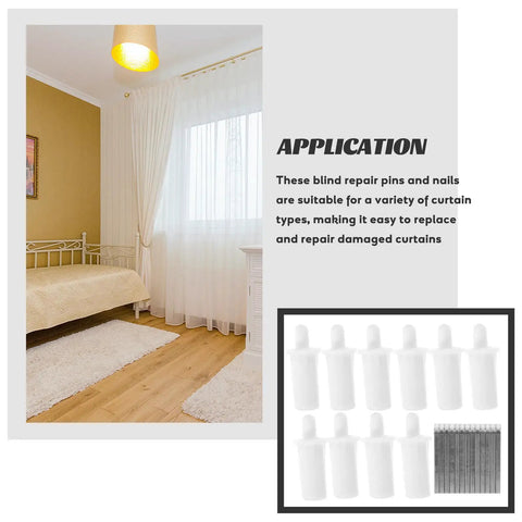 Badass Durable Shutter Repair Pin Kit With Window Staples And Metal Clamps For Wood Blinds and Plantation Shutters, white plastic pins displayed.