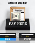 Locking Cash Box With Slot For Donations, featuring extended drop slot comparison with money and suggestions card inserted