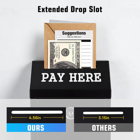 Locking Cash Box With Slot For Donations, featuring extended drop slot comparison with money and suggestions card inserted
