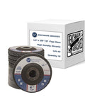 Front view of Benchmark Abrasives 4.5in T27 flap discs, high-density zirconia, grit 40, 10-pack with box.