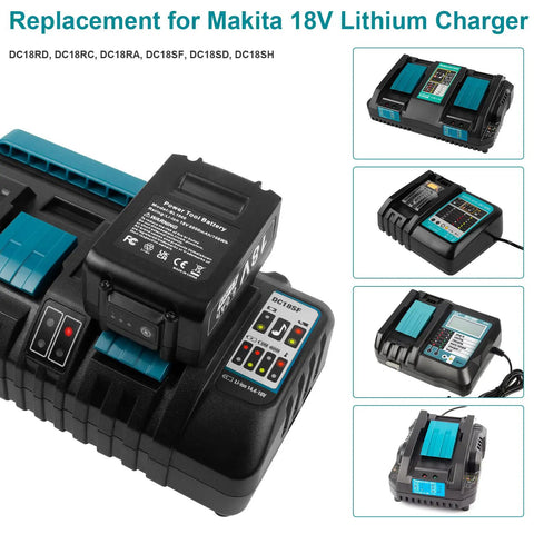Four Port 18V Fast Charger For Makita Lithium Ion Batteries With Dual USB, Replaces DC18RC, DC18RD, image collage.