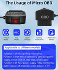 Image explaining the features of OBD2 To Micro USB Power Cable For Dash Camera 24 Seven Hardwire Charger with Switch.