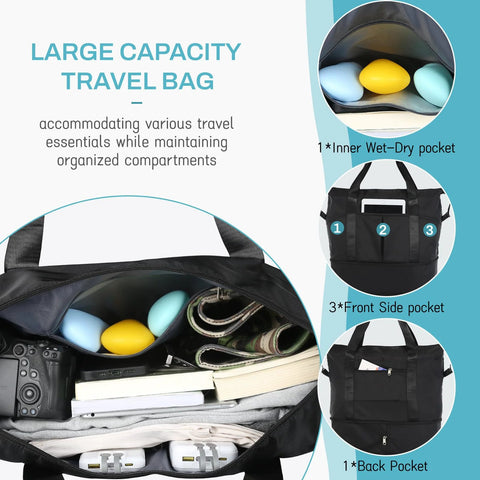 VOOWO rolling duffle bag with wheels, black expandable travel luggage with multiple pockets