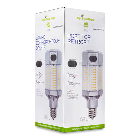 Built Different Heavy Duty LED Post Top Light packaging showing wattage selectable feature and EX39 mogul base.